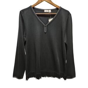 Cato Women's Black Long Sleeve Pullover Top Front Keyhole & Fringed Hem Size L